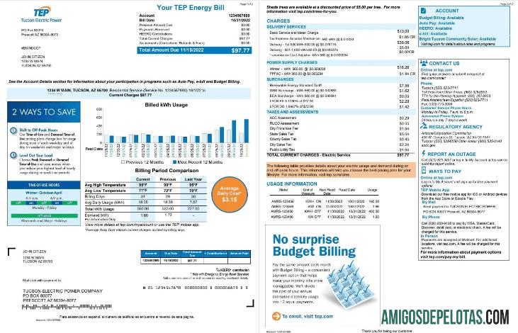 em branco Conta de serviços públicos de energia elétrica (TEP) dos EUA, Arizona Tucson, modelo Word e PDF, 2 páginas